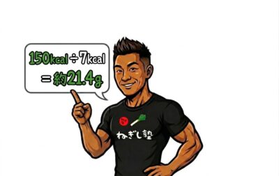 男性がカロリー計算の結果「約21.4g」を指さしているイラスト