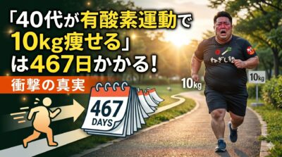 40代男性が苦しみながら10kg減量を目指してランニング。467日かかるというメッセージ付き。