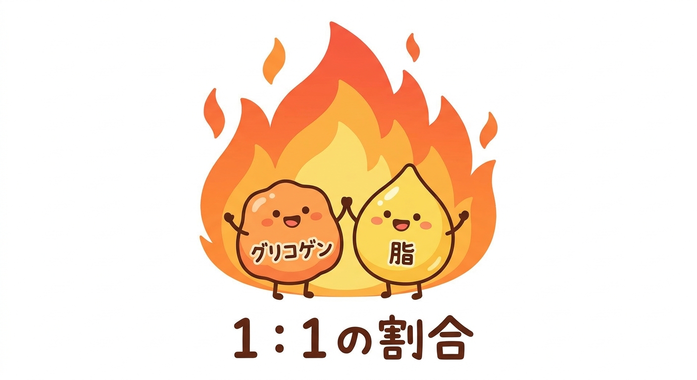 炎の前で手を取り合う「グリコーゲン」と「脂肪」のキャラクター、そして「1:1の割合」の文字