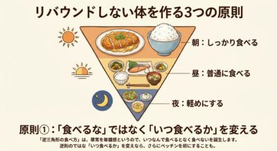 リバウンドしない食事の3原則。朝・昼・夜の時間帯に合わせた食事量の目安とイラスト。